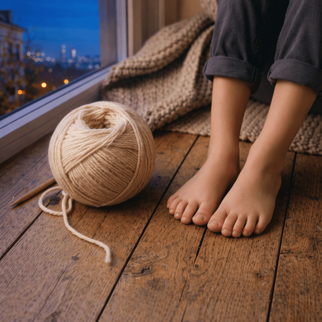 Bare feet on wooden floor near beige yarn ball and knitted blanket