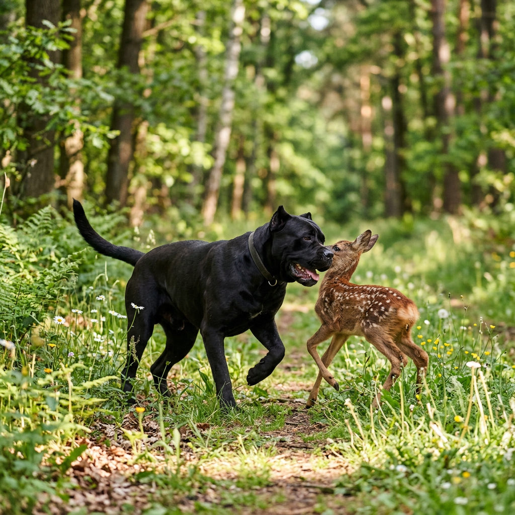 Aktualny obrazek: Black dog and young spotted fawn touching noses on forest trail