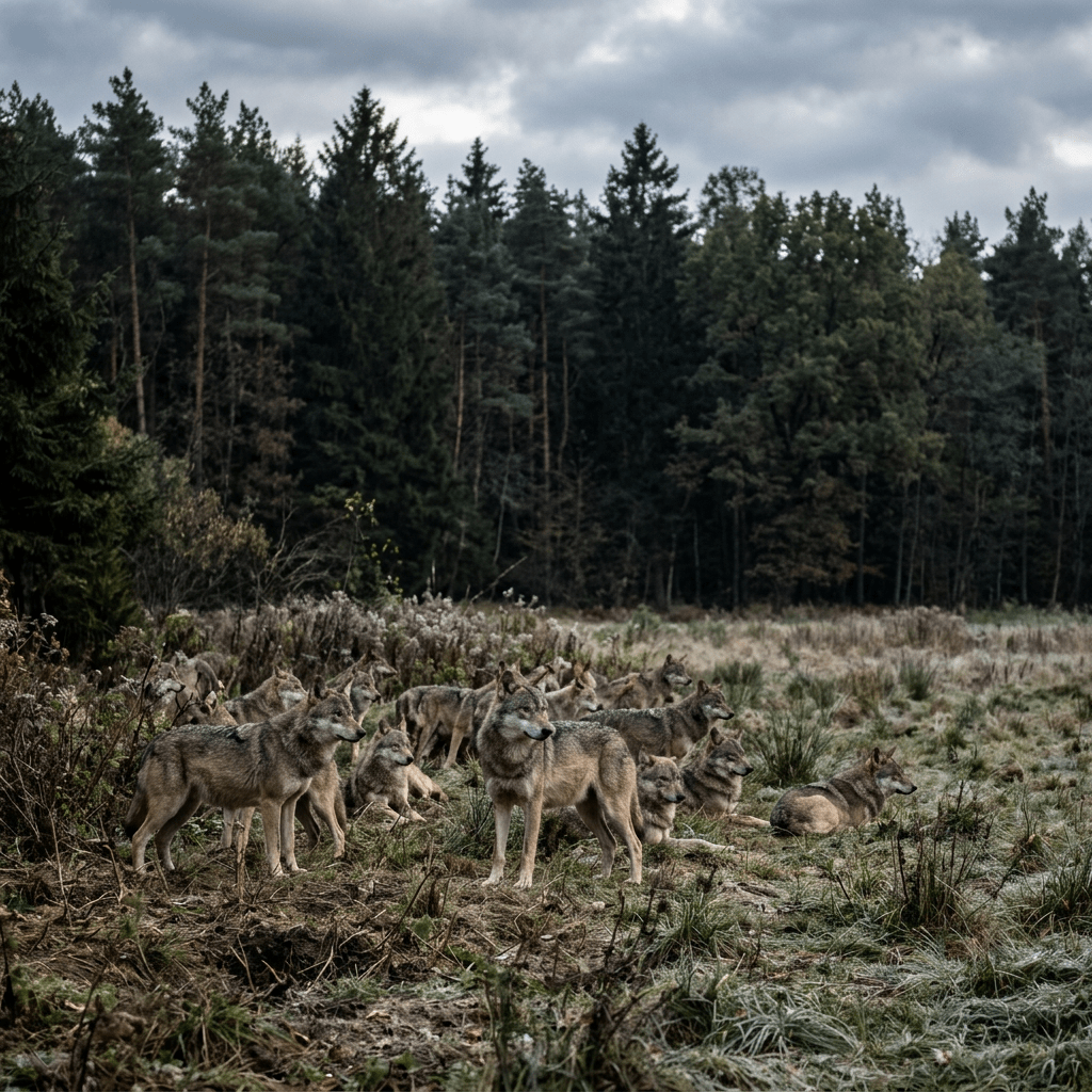 A group of wolves standing and sitting in a grassy forest clearing with tall evergreen trees in the background.