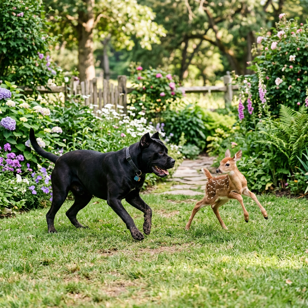Aktualny obrazek: Black dog and spotted fawn playing together on grass in garden