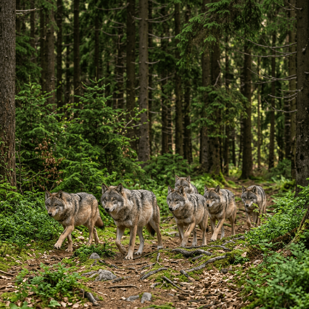 A pack of six wolves walking through a snow-covered forest path surrounded by snow-dusted trees.