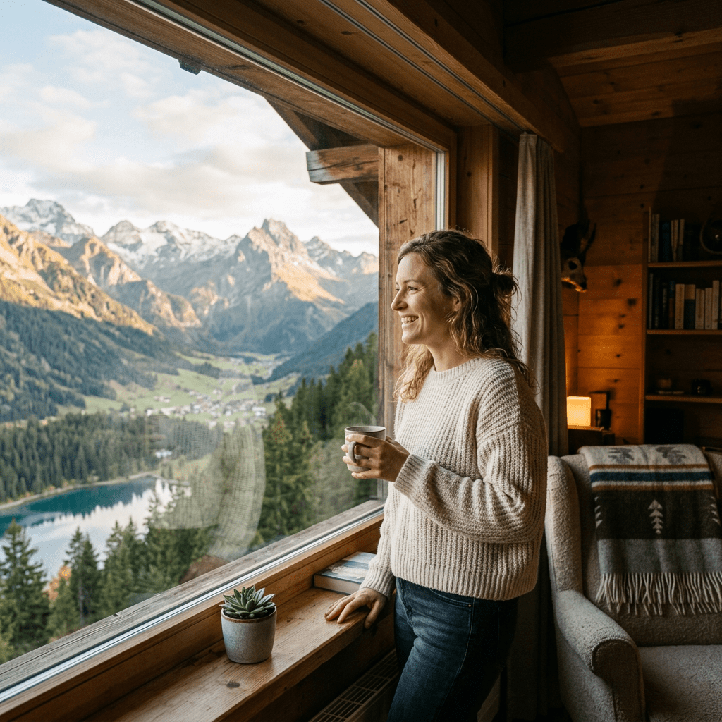 Woman holding a mug looking out a large window at mountains and a lake