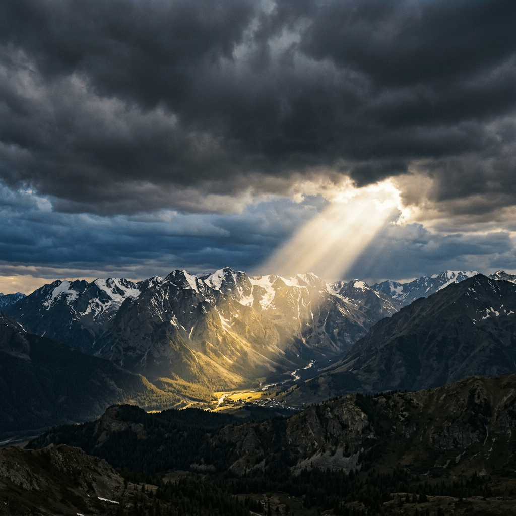Sunlight breaking through dark clouds over mountains