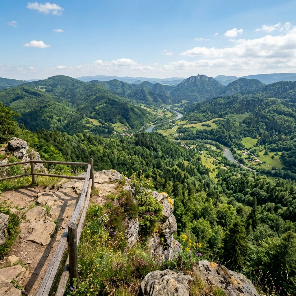 Aktualny obrazek: Hiker standing on rocky overlook with wooden railing, viewing winding river and green forested mountains