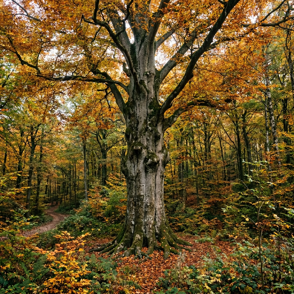 Aktualny obrazek: Hiker standing near a large tree with golden autumn leaves in a forest