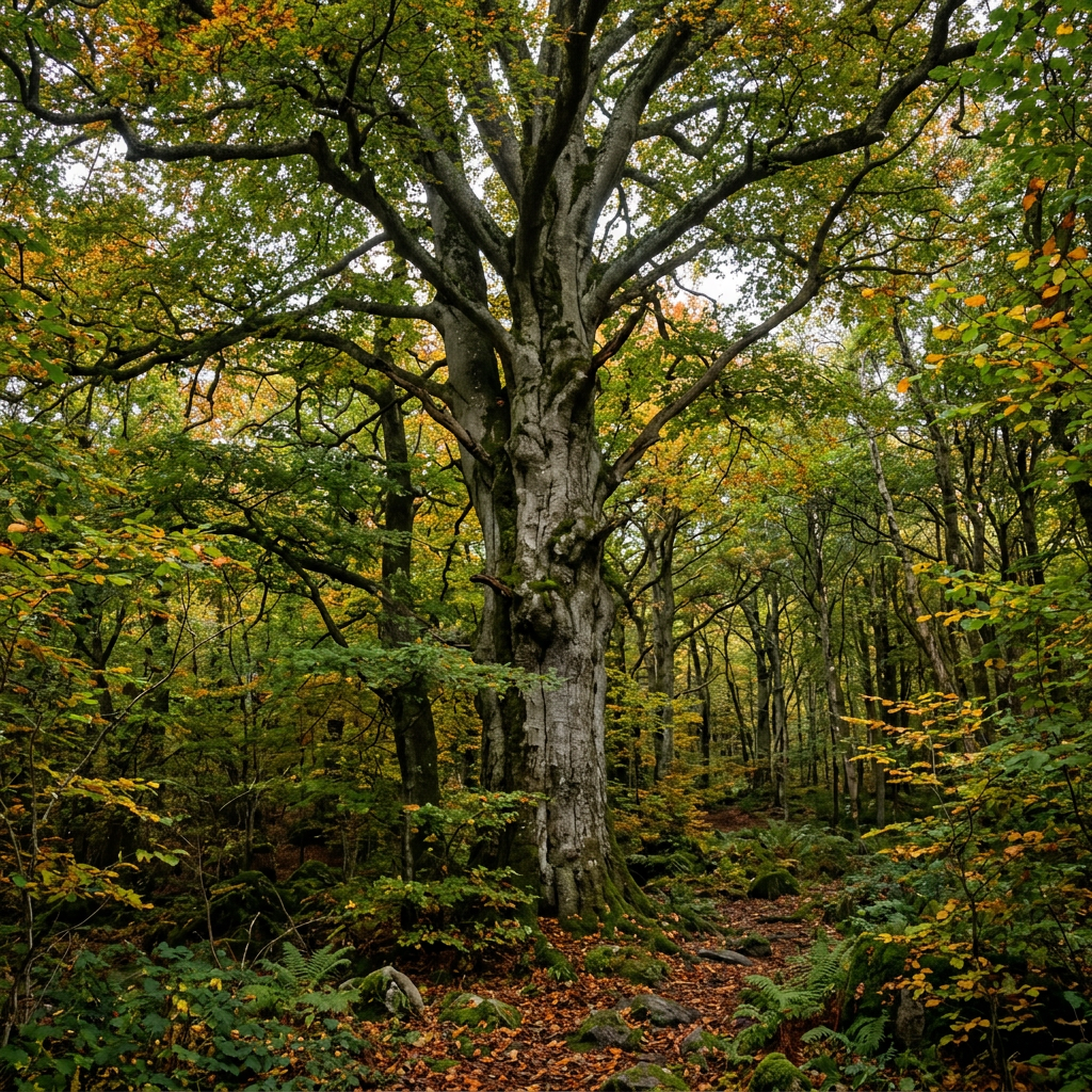 Aktualny obrazek: Tall beech tree with twisted branches surrounded by autumn foliage in forest