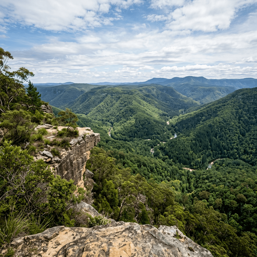 View from cliff over forests and valleys, no people